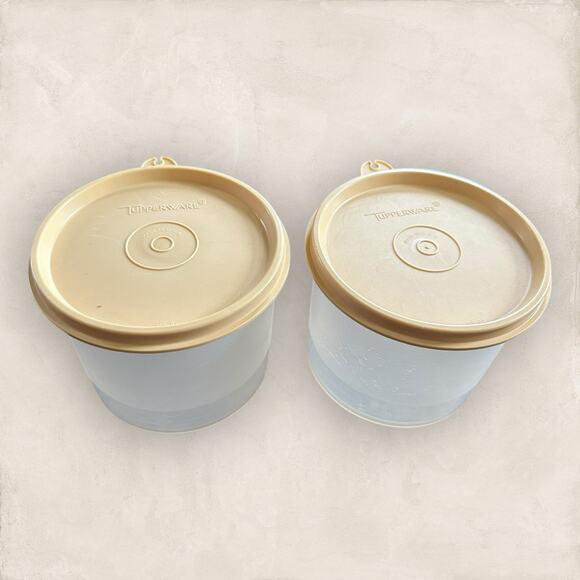 Tupperware Cup Clear Lid Tan Set of 2 Vintage Storage Container - Picture 1 of 5